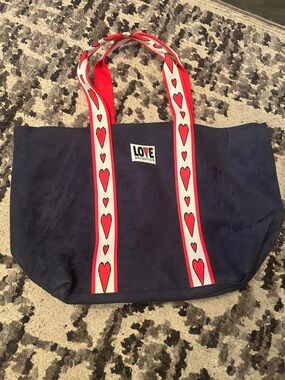 Brighton Navy suede Tote with Red and White Heart Straps